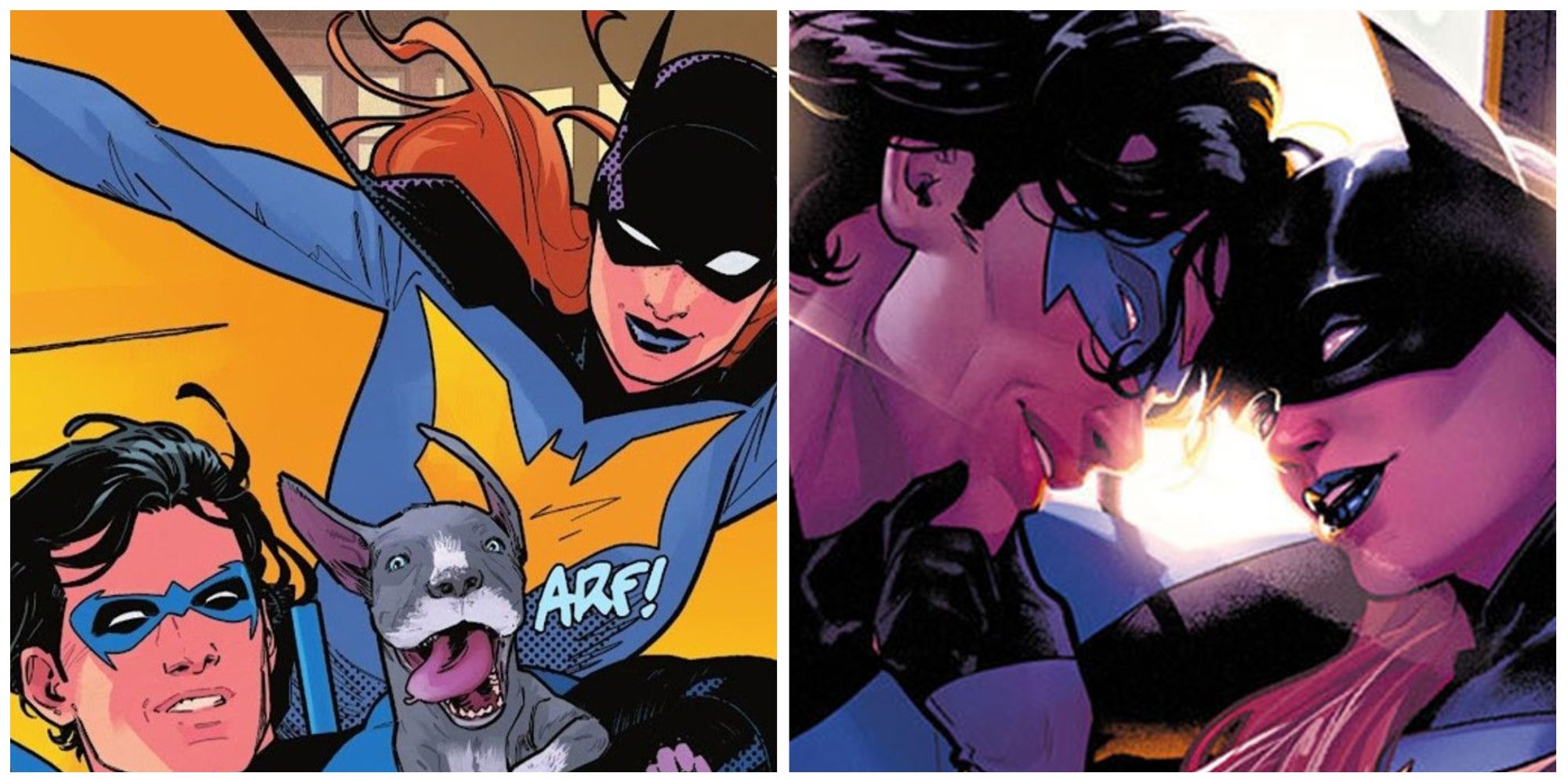 A split image of Nightwing & Batgirl together in DC Comics