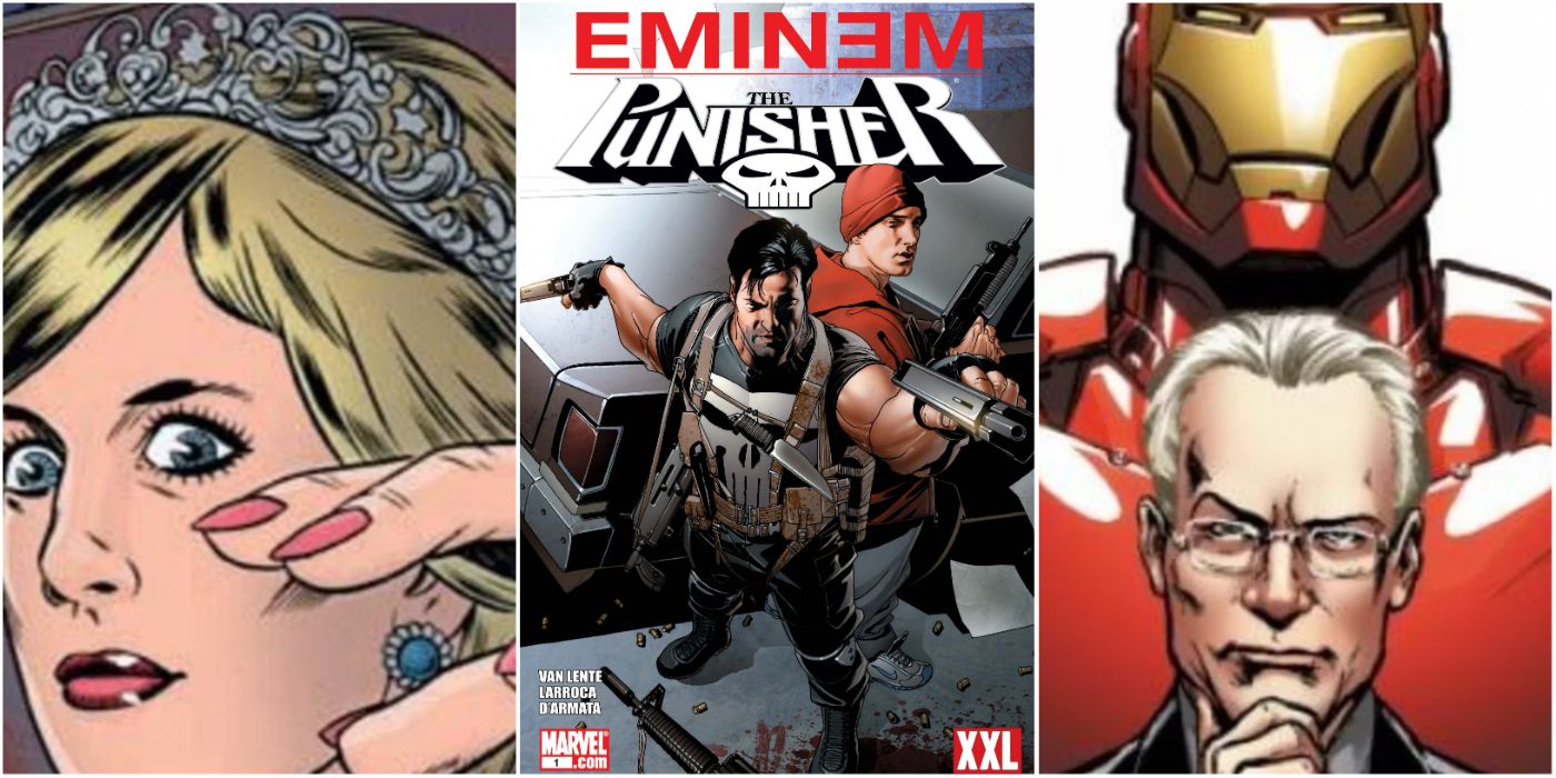  A split image of Princess Diana, Eminem and the Punisher, and Timm Gunn in Marvel Comics