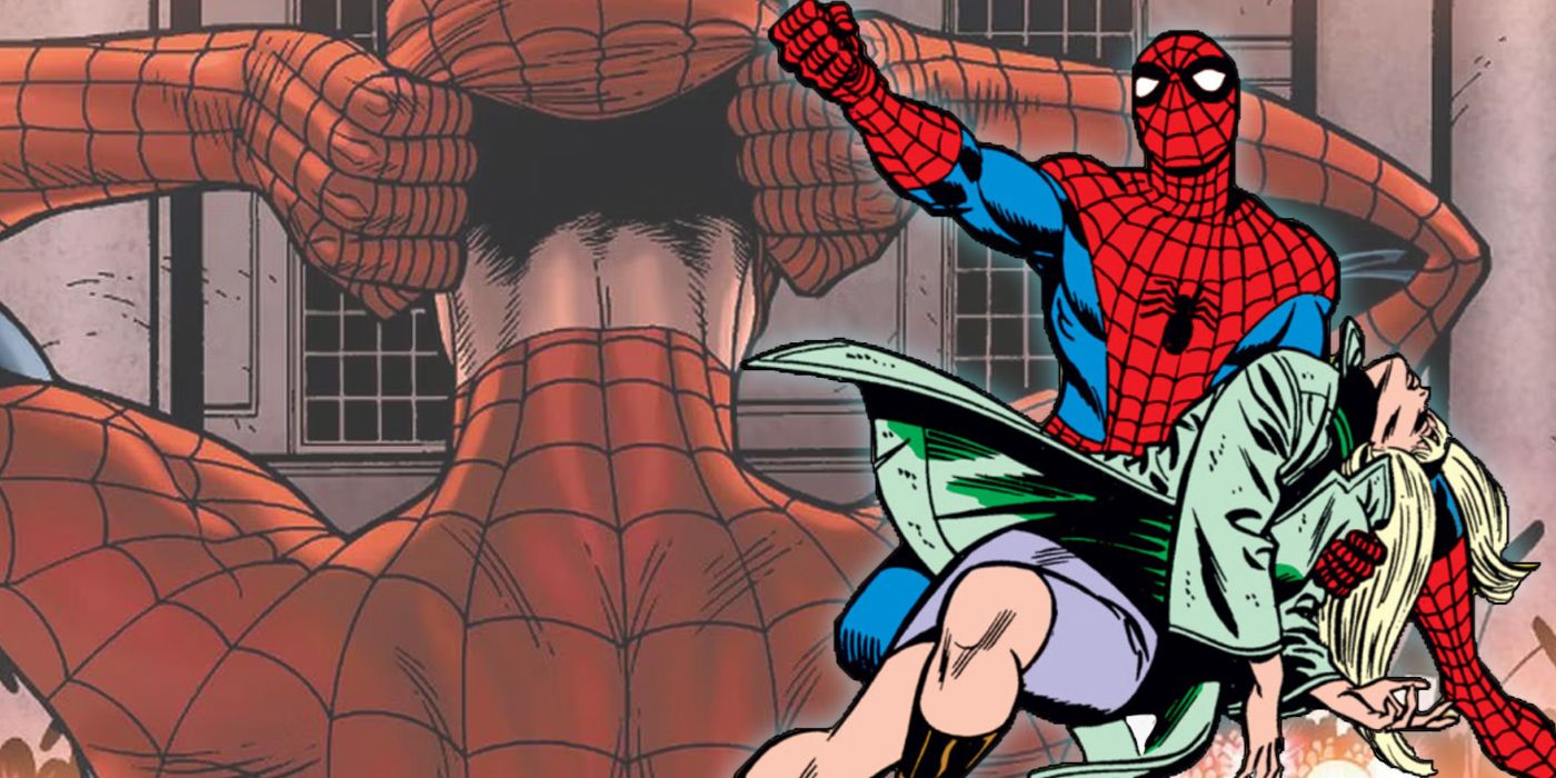 Spider-Man holding Gwen Stacy's body with his unmasking during Civil War in the background