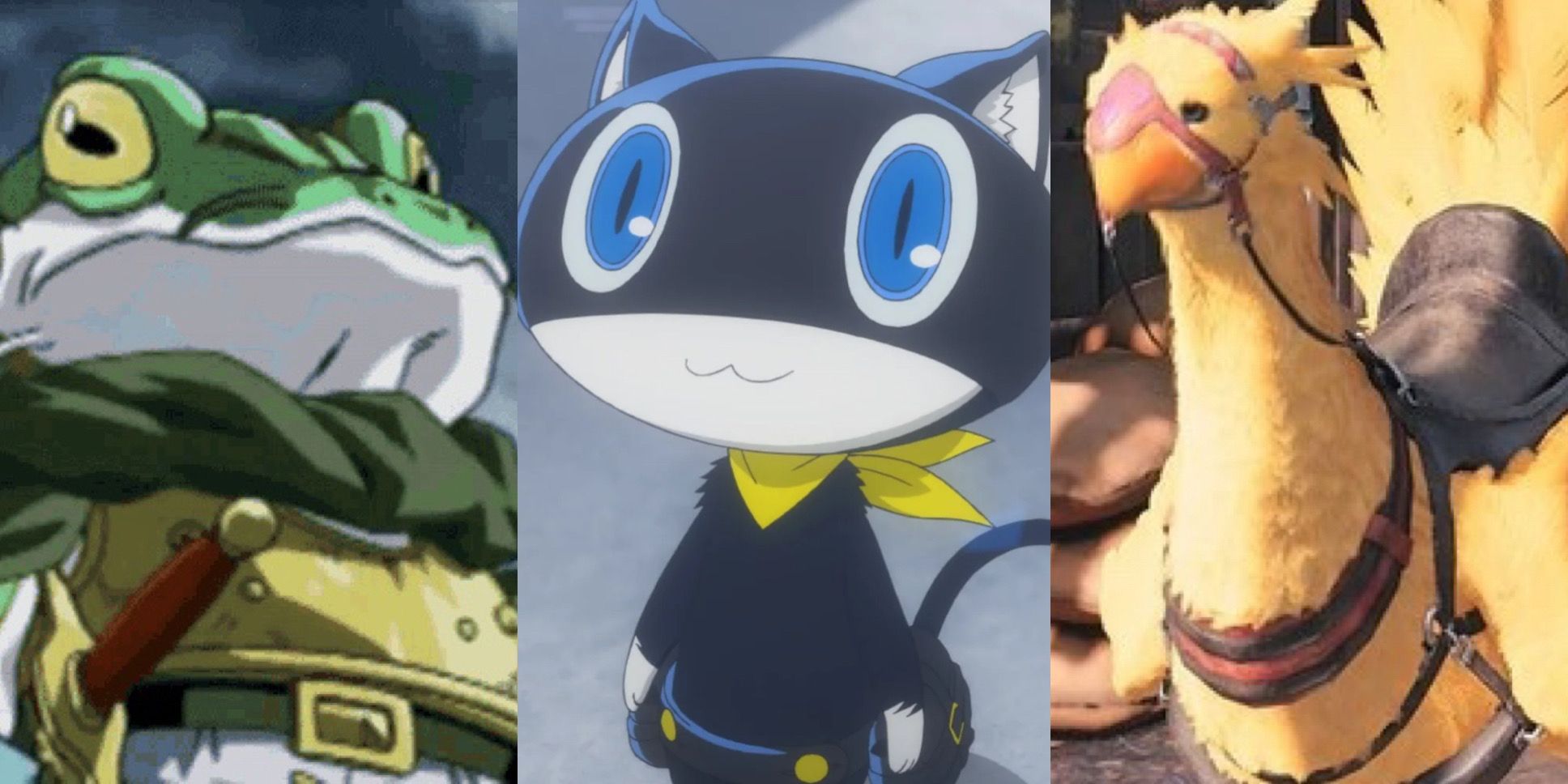 A split image of Frog from Chrono trigger, Morgana from Persona 5 and Chocobo from Final Fantasy