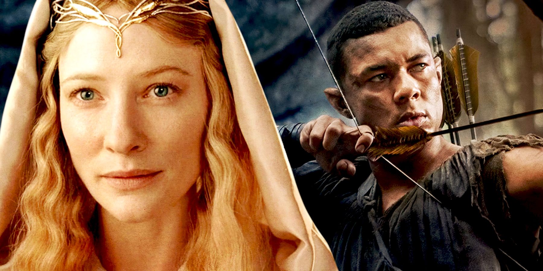 Galadriel with a hood in front of Arondir preparing to shoot a bow