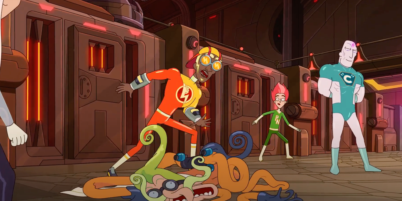 Rick e Morty lutam contra os Seis Autorreferenciais e Rhett Caan.