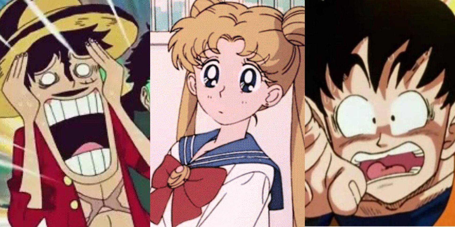 Luffy from one piece, Usagi from sailor moon and Goku from dragon ball looking shocked