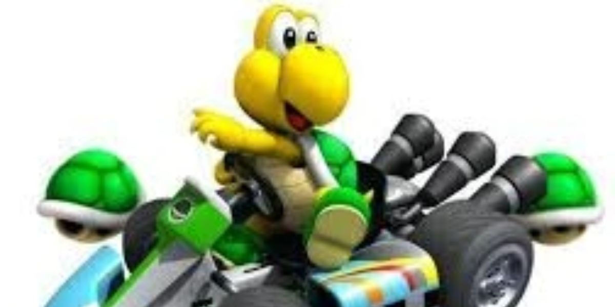 An anthropomorphic turtle Koopa Troopa on a go-kart with multiple green shells from the Mario Kart series.