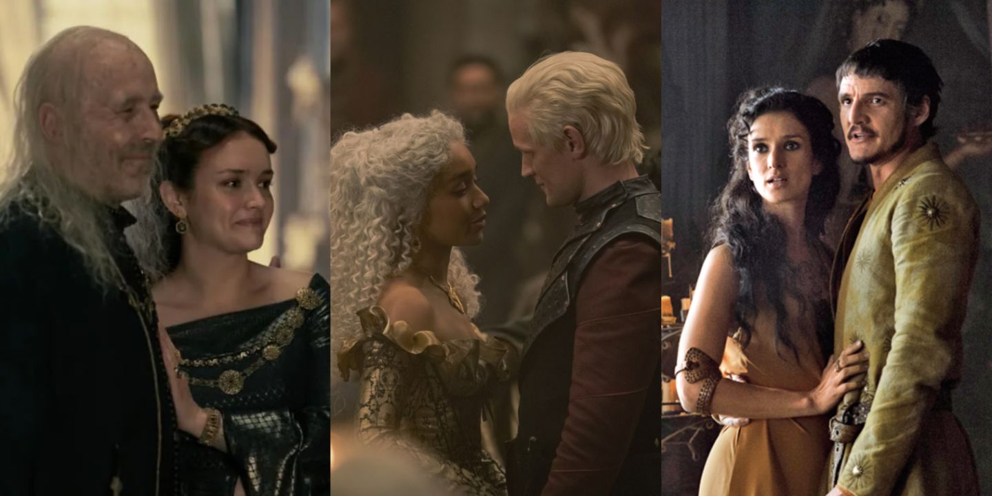 A split image of Alicent Hightower and Viserys Targaryen, Laena and Daemon in House of the Dragon, and Oberyn and Ellaria in Game of Thrones