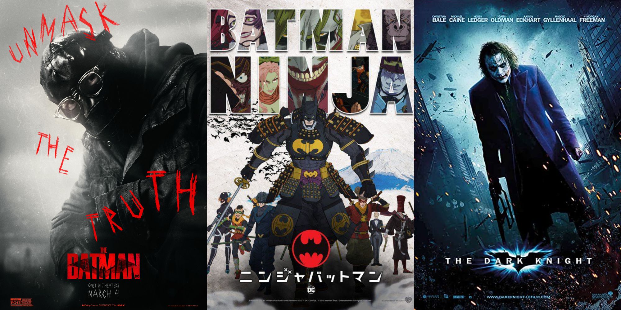 A split image of Batman movie posters.