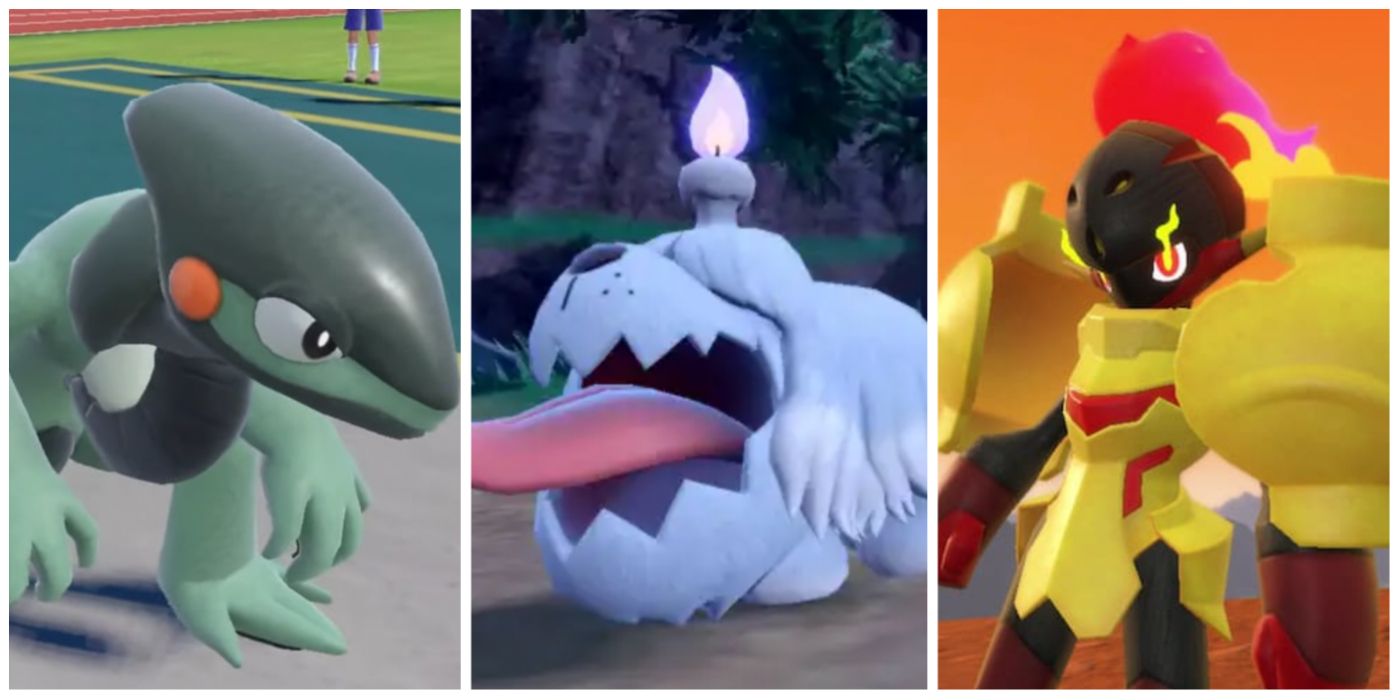 A split image of Cyclizat, Greavard, and Amarouge from Pokemon Scarlet and Violet