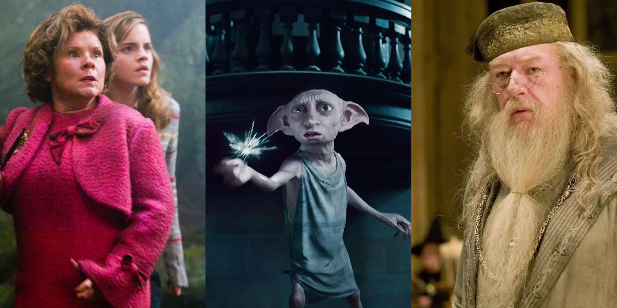 A split image of Dolores Umbridge, Hermione Granger, Dobby the House-Elf, and Dumbledore in Harry Potter