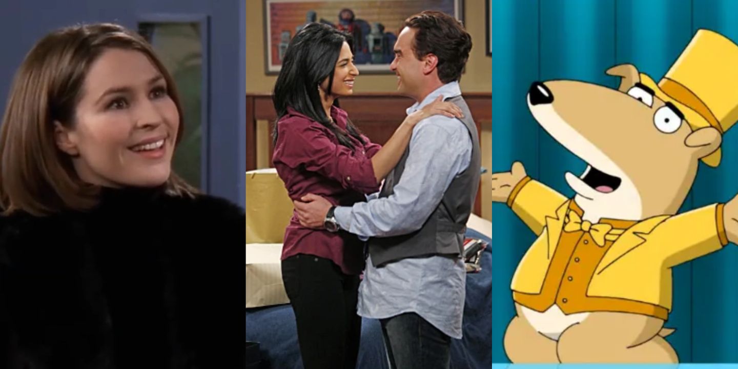 A split image of Emily from Friends, Priya and Leonard in The Big Bang Theory, and Vinny from Family Guy