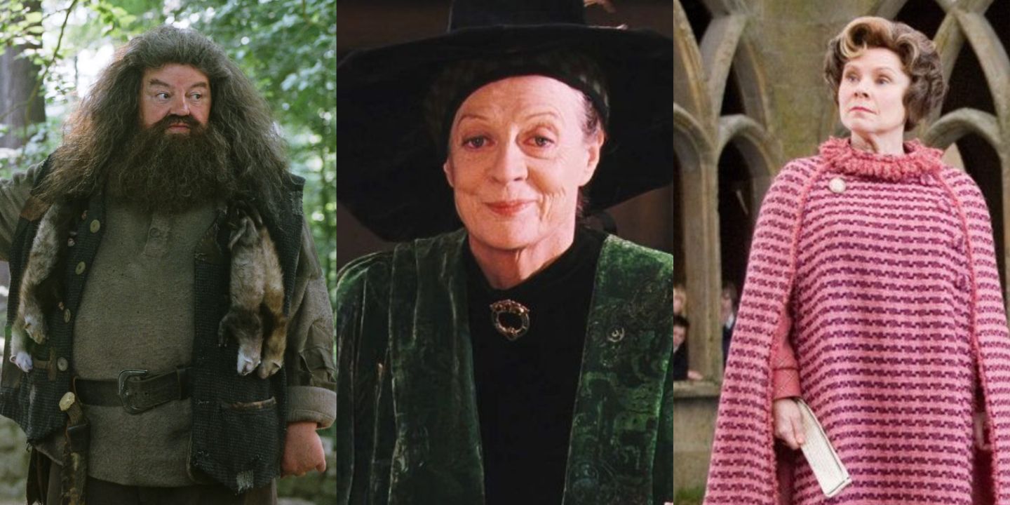 A split image of Hagrid, Minerva McGonagall, and Dolores Umbridge in Harry Potter