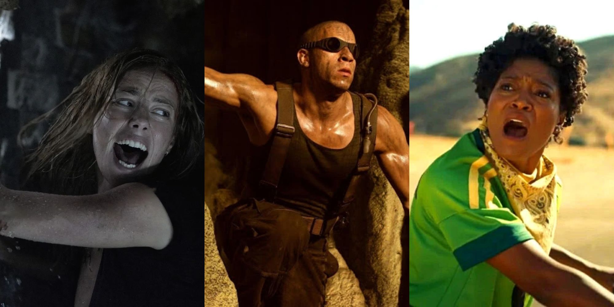 A split image of Haley from Crawl, Riddick from Pitch Black, and Emerald from Nope