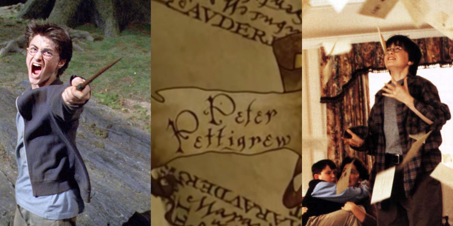 A split image of Harry Potter casting a spell, the Marauders Map with %22Peter Pettigrew%22 showing, and Harry and the Dursleys surrounded by Hogwarts letters