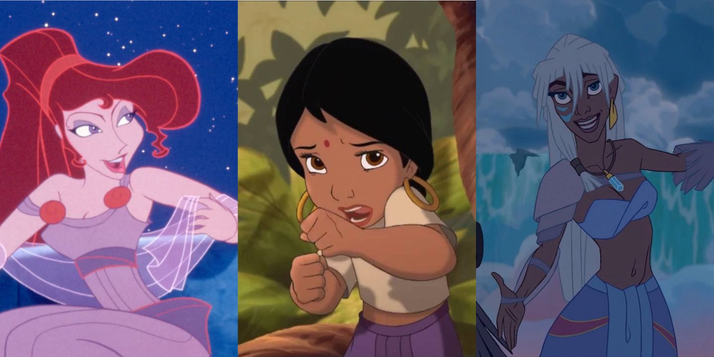 A split image of Megara in Hercules, Shanti in Jungle Book, and Kida in Atlantis: The Lost Empire