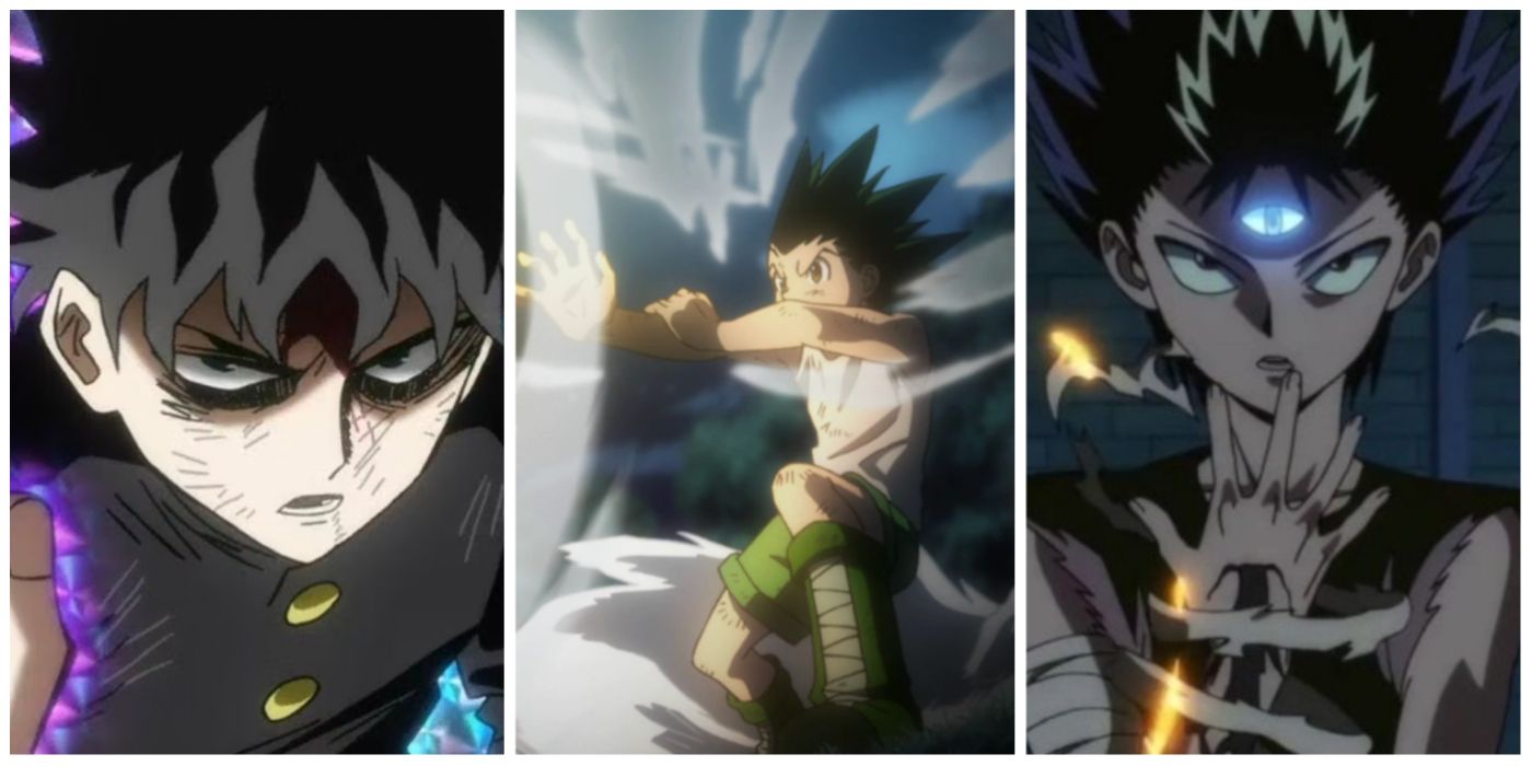 A split image of Mob Psycho 100's Mob, Hunter X Hunter's Gon, and Yu Yu Hakusho's Hiei