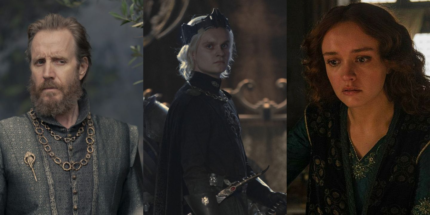 A split image of Otto Hightower, Aegon II Targaryen, and Alicent in House of the Dragon