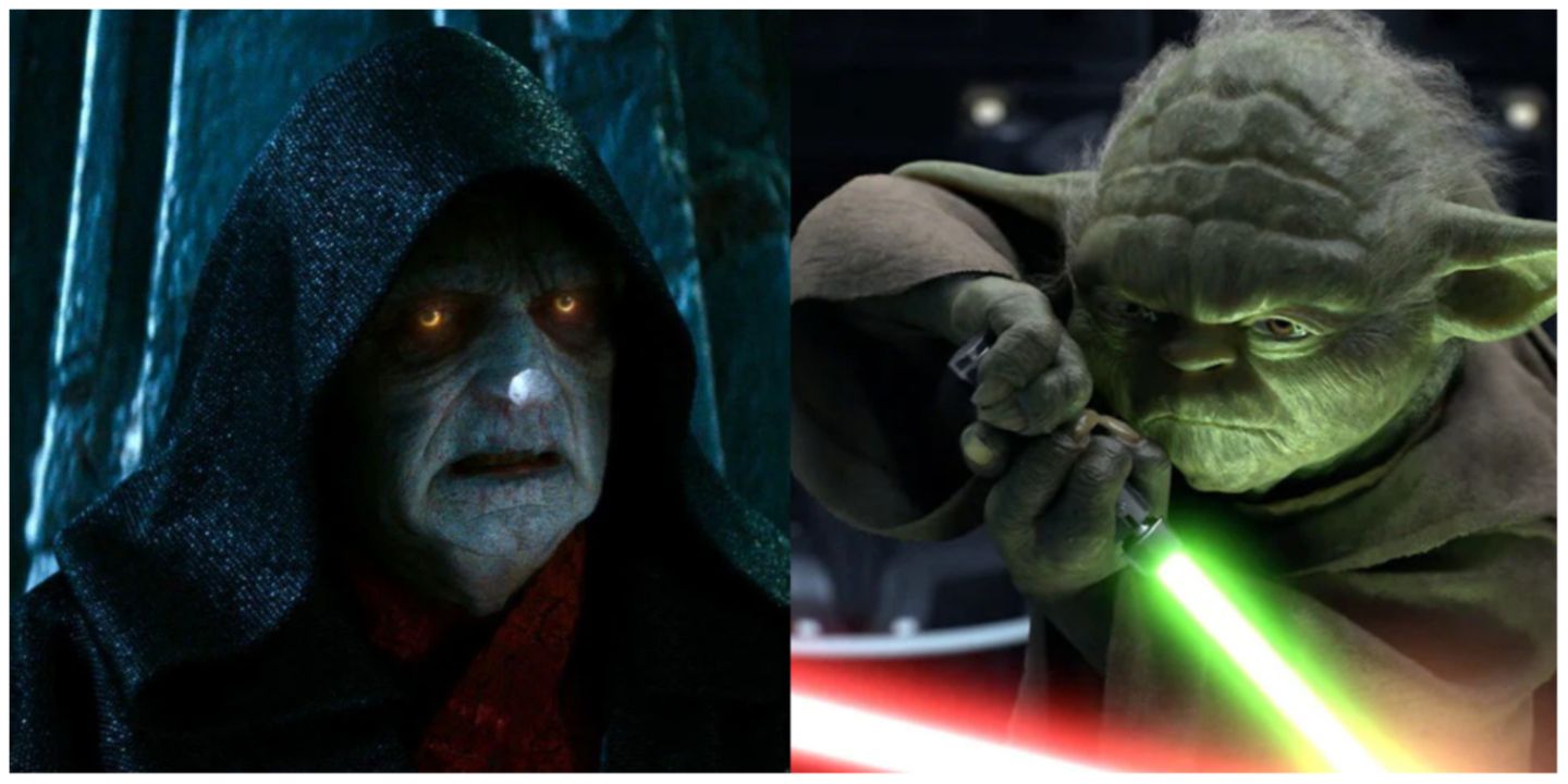 A split image of Palpatine and Yoda in Star Wars 