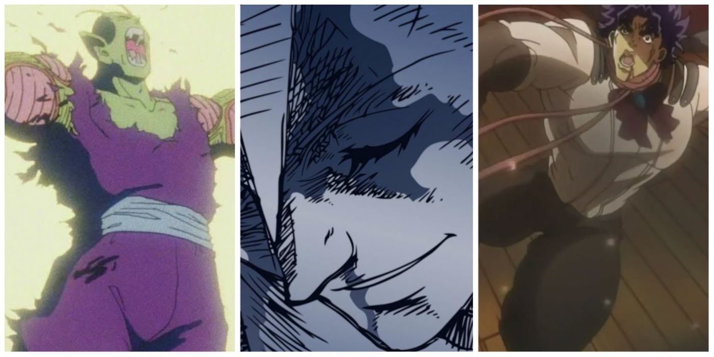 A split image of Piccolo's death, Kamina's death, and Jonathan Joestar's death