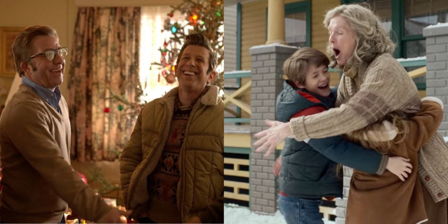 A split image of Ralphie and Schwartz and his mom and kids hugging in A Christmas Story Christmas