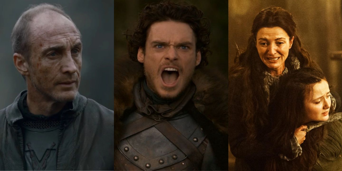 Uma imagem dividida de Roose Bolton, Robb Stark e Catelyn Stark em Game of Thrones