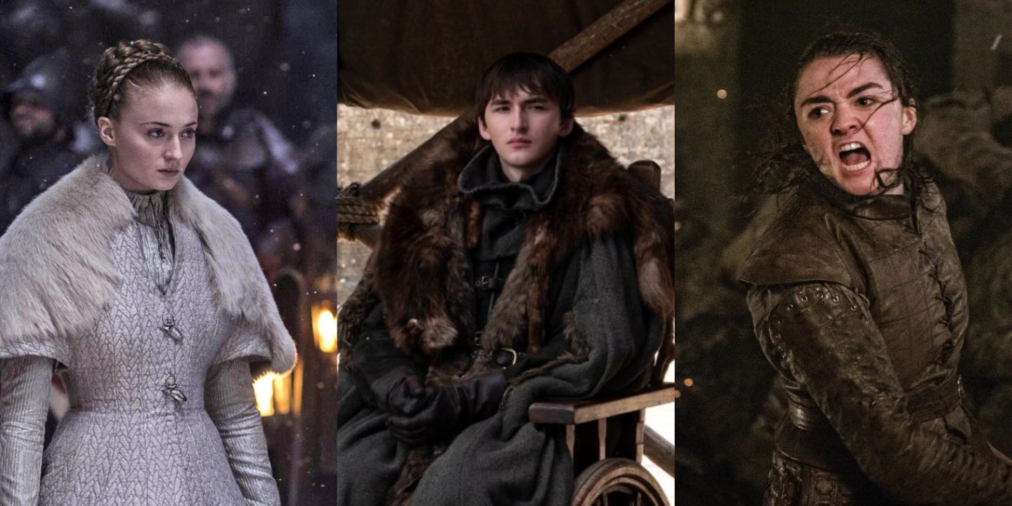 A split image of Sansa, Bran, and Arya Stark in Game of Thrones