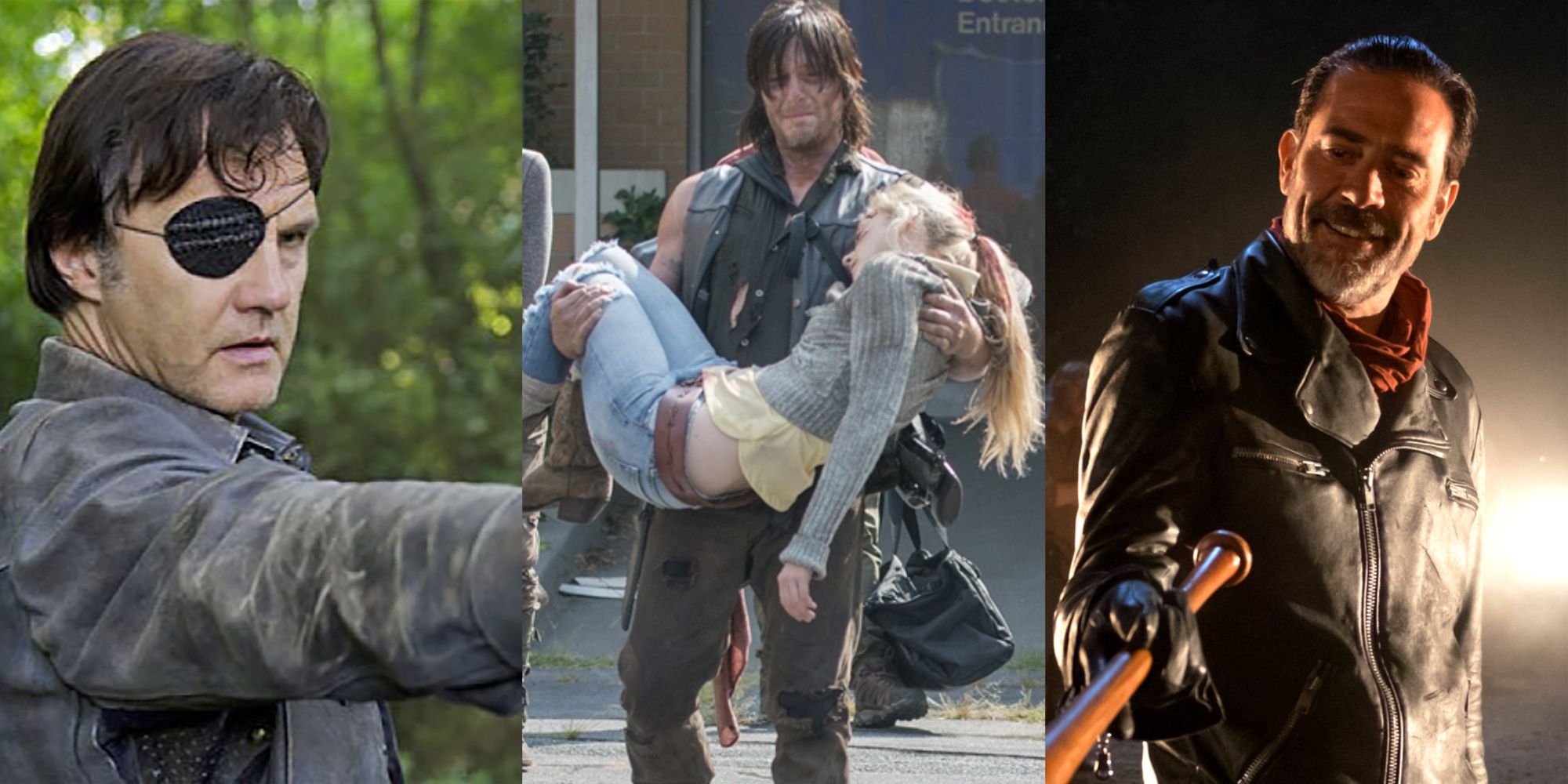 A split image of The Governor, Daryl carrying Beth, and Negan in The Walking Dead