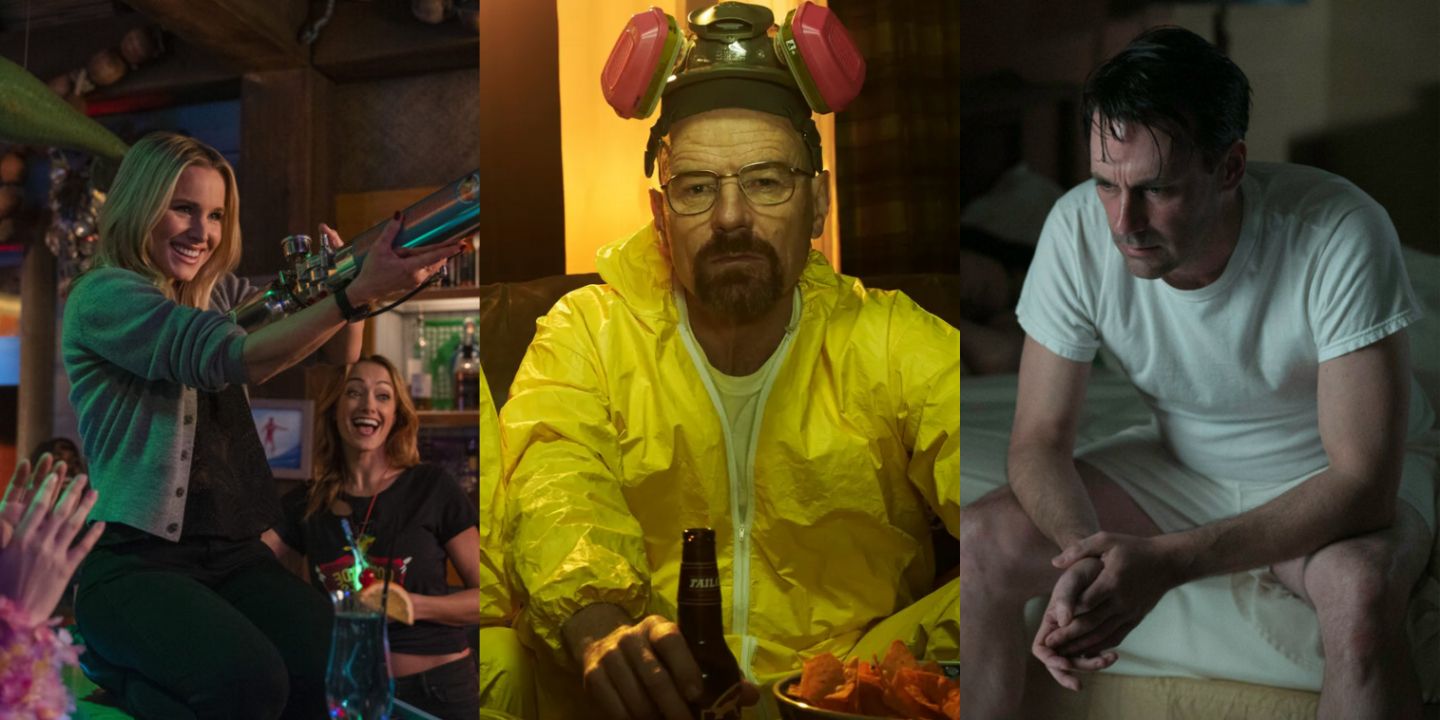 A split image of Veronica Mars in the titular show, Walter White in Breaking Bad, and Don Draper in Mad Men