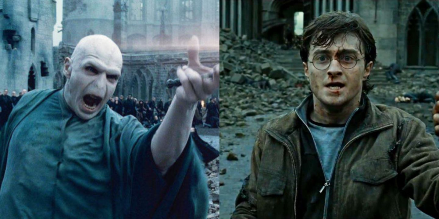 A split image of Voldemort casting a spell and Harry Potter at the end of the Battle of Hogwarts