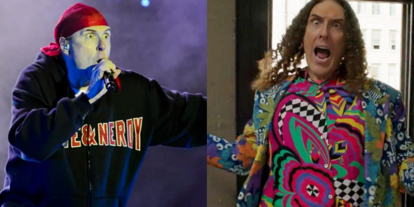 A split image of Weird Al performing 