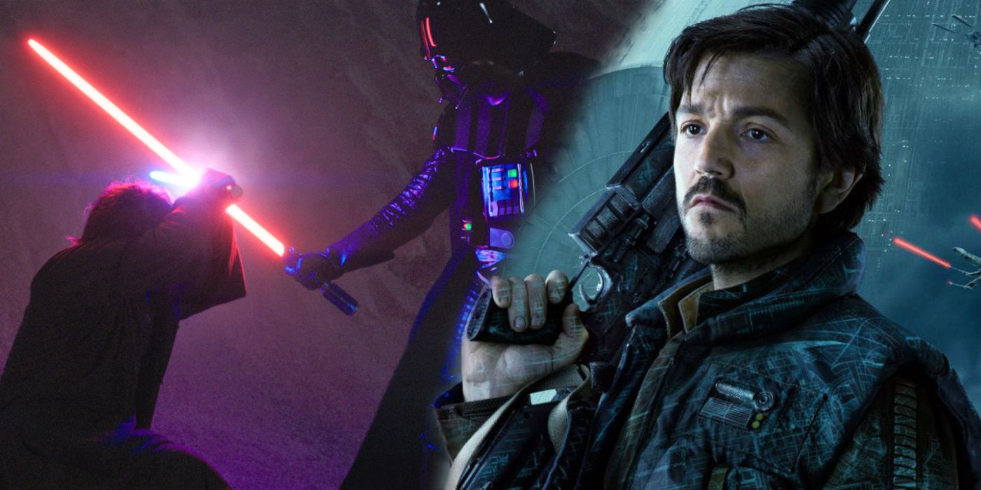 A split image of cassian andor and obiwan and darth vader dueling