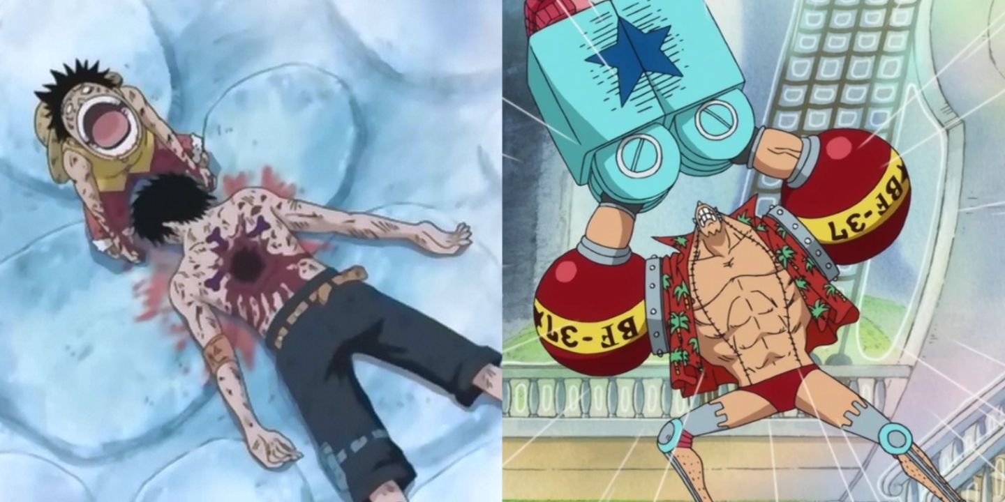 A split image of controversial One Piece arcs: Luffy crying over Ace's body and Franky