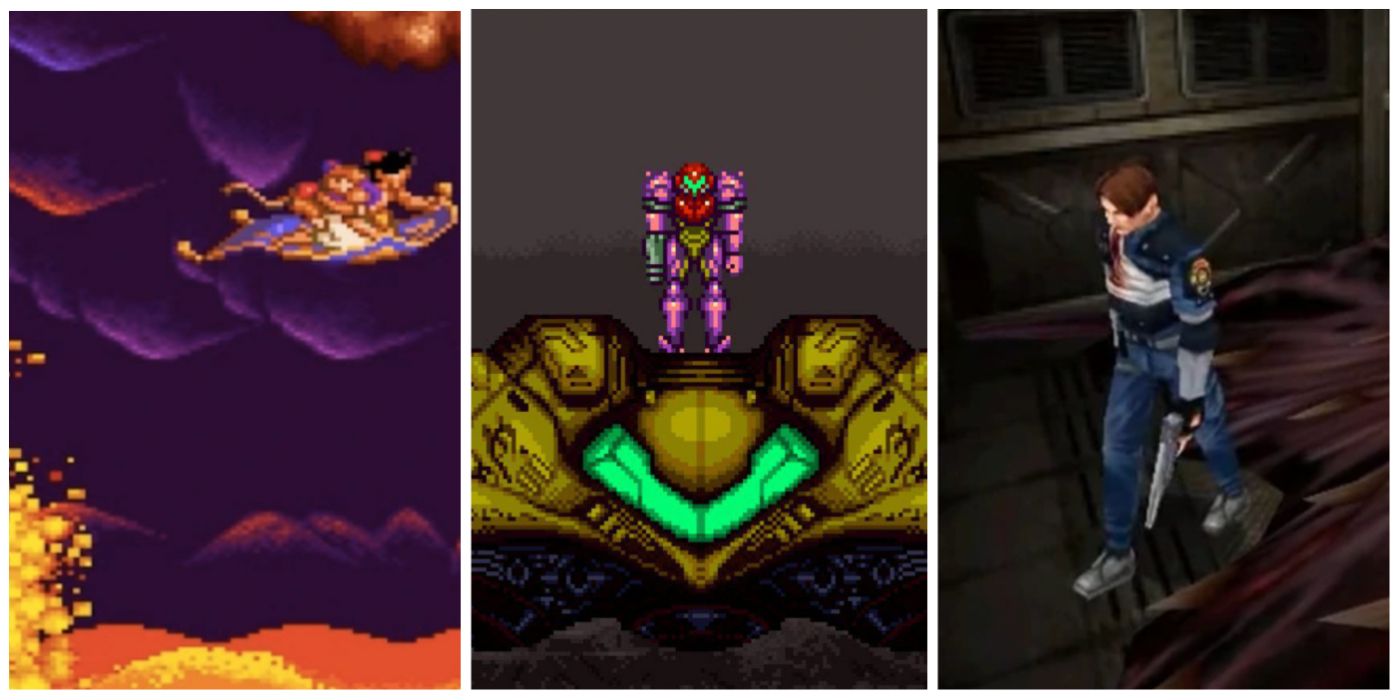 A split image of escapes from Aladdin, Super Metroid, and Resident Evil 2