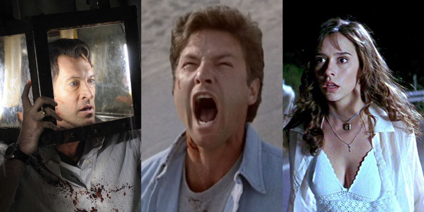 A split image of foolish horror movie protagonists: Peter Strahm in Saw, Louis in Pet Sematary, and Julie Jones in I Know What You Did Last Summer