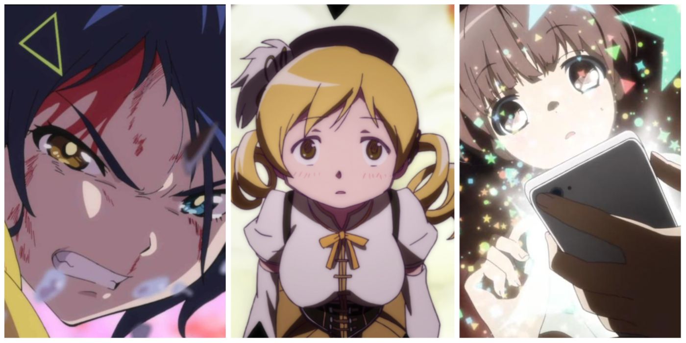 A split image of magical girls from Wonder Egg Pirority, Madoka Magica, and Magical Girl Raising Project