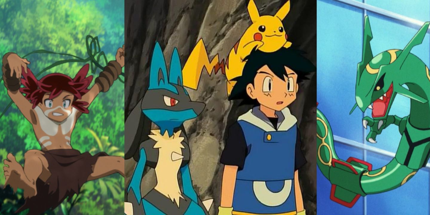 A split image of stills from Pokemon the Movie: Secrets of the Jungle, Lucario and the Mystery of Mew, and Rayquaza from Destiny Deoxys
