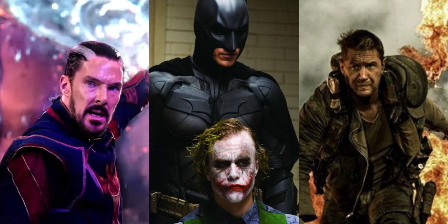 A split image of surprisingly optimistic movies: Doctor Strange in the Multiverse of Madness, Batman and Joker in Dark Knight, and Max in Mad Max: Fury Road