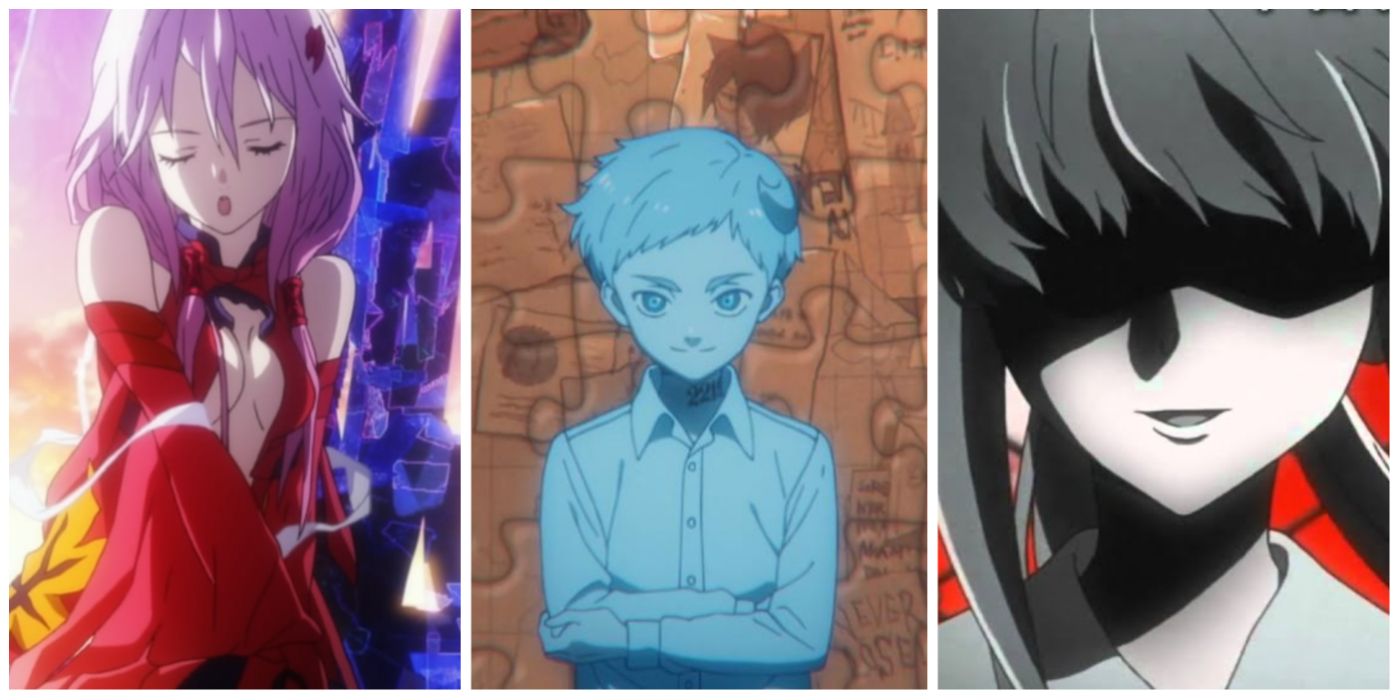 A split image of the opening songs from Guilty Crown, Promised Neverland, and Mirai Nikki