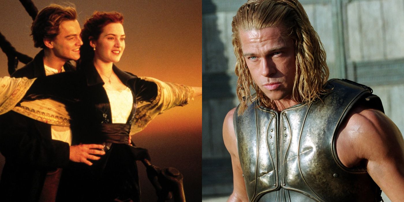 Split Image Leo DiCaprio and Kate Winslett as Jack and Rose at the bow of Titanic, Brad Pitt as Achilles in Troy