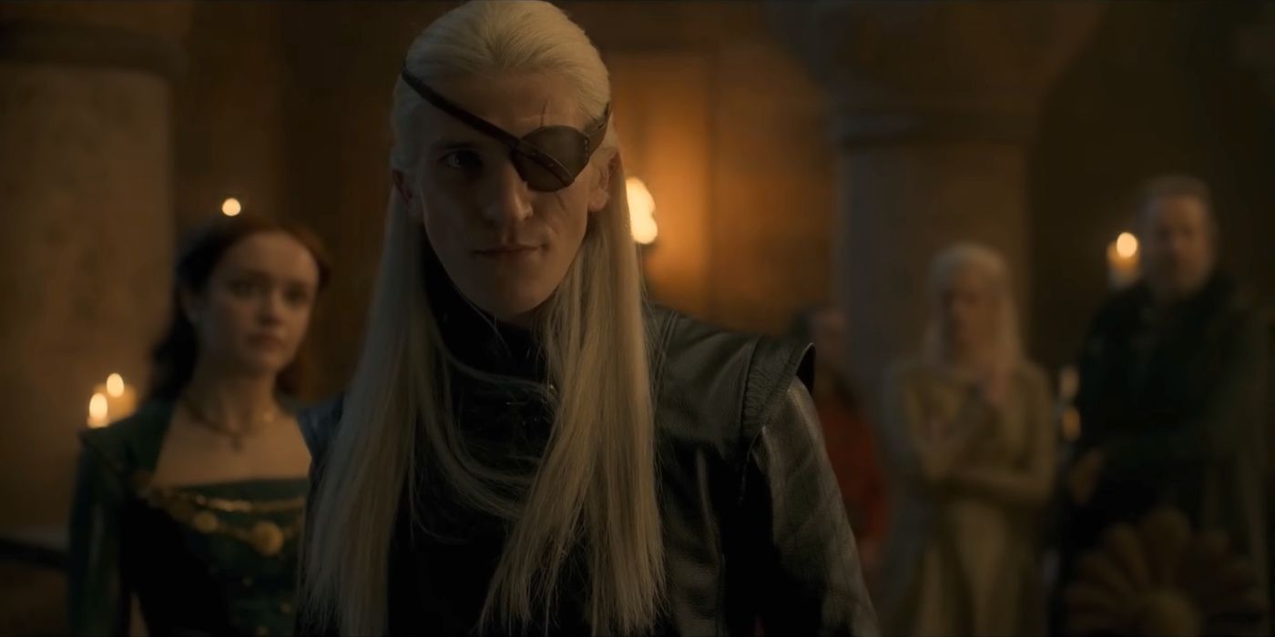 Aemond Targaryen staring down Daemon Targaryen in House of the Dragon