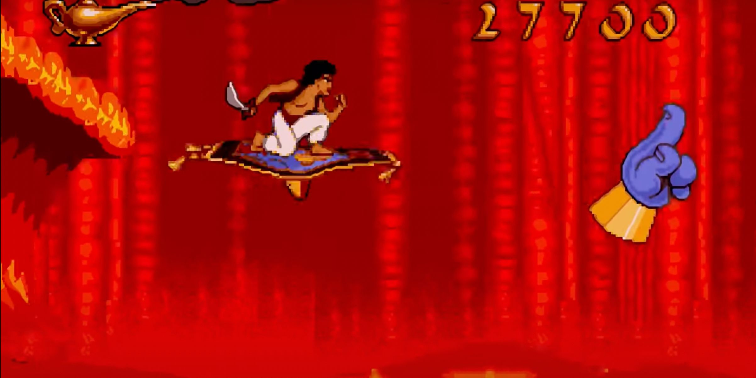Aladdin rides Magic Carpet to escape Cave of Wonders in Genesis Aladdin