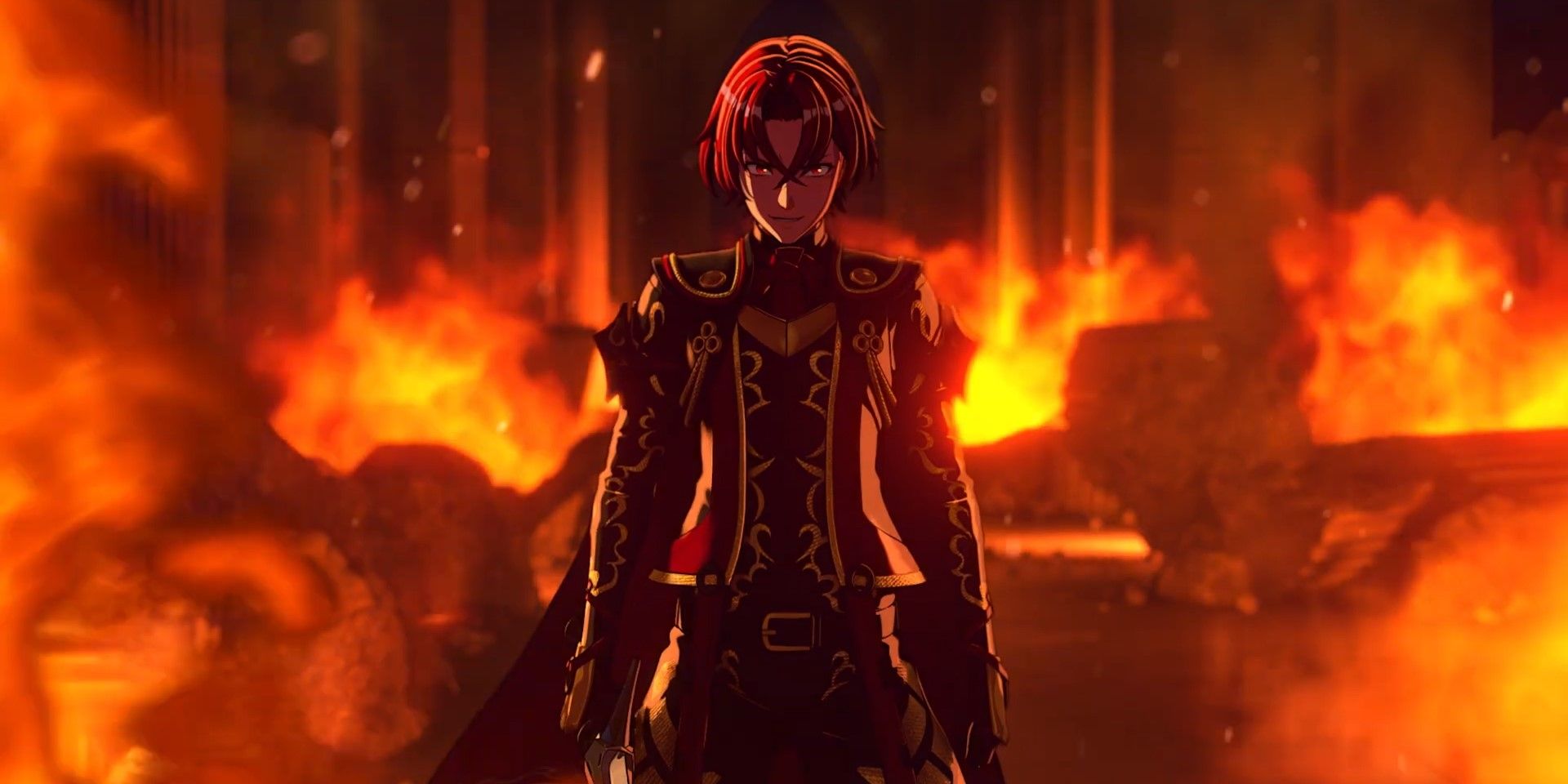 Alear standing in a burning castle with a sinister expression