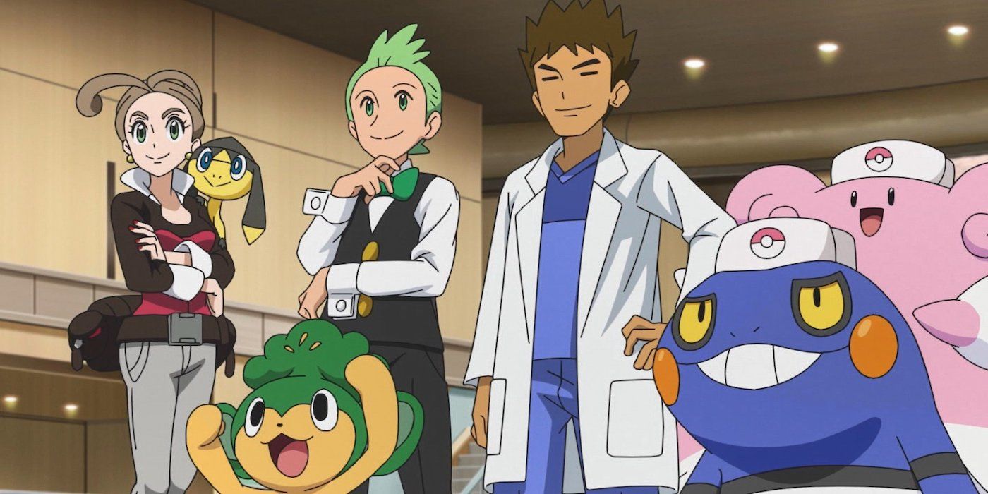 Alexa, Cilan, and Brock watch the Masters Eight Finals in Pokémon Journeys.