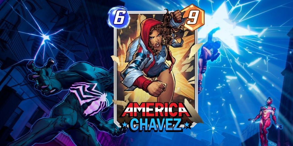 The America Chavez card in Marvel Snap on top of promotional art for the game
