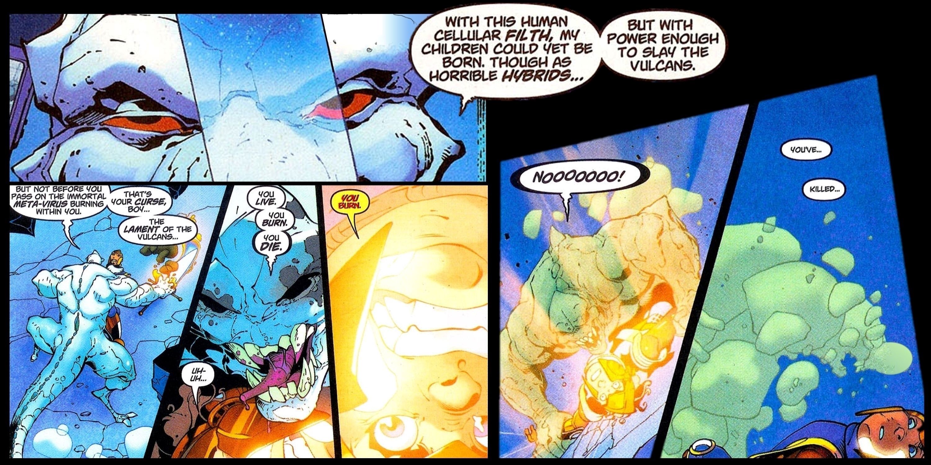 The Vulcan Mikey Devante defeats the White Martian A'monn A'mokk with his metagen in DC Comics