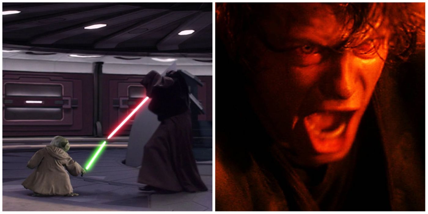 Anakin and Yoda vs Palpatine Star Wars split image