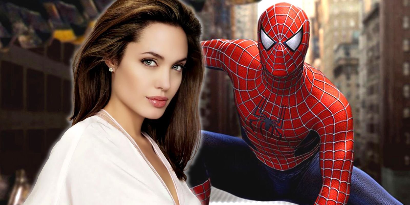 Angelina Jolie next to Tobey Maguire's Spider-Man
