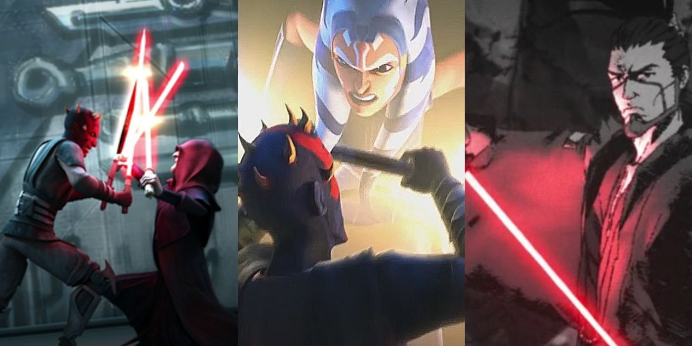 split image of Darth Maul vs Ahsoka and Palpatine, and Star Wars Visions shorts