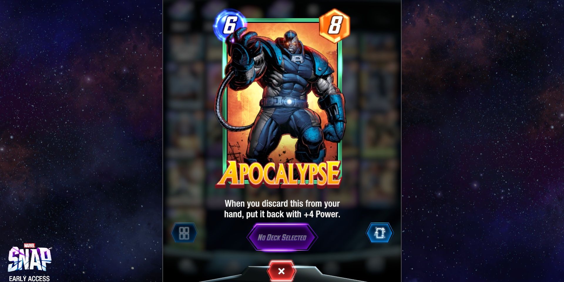The Apocalypse card in Marvel Snap on top of promotional art 