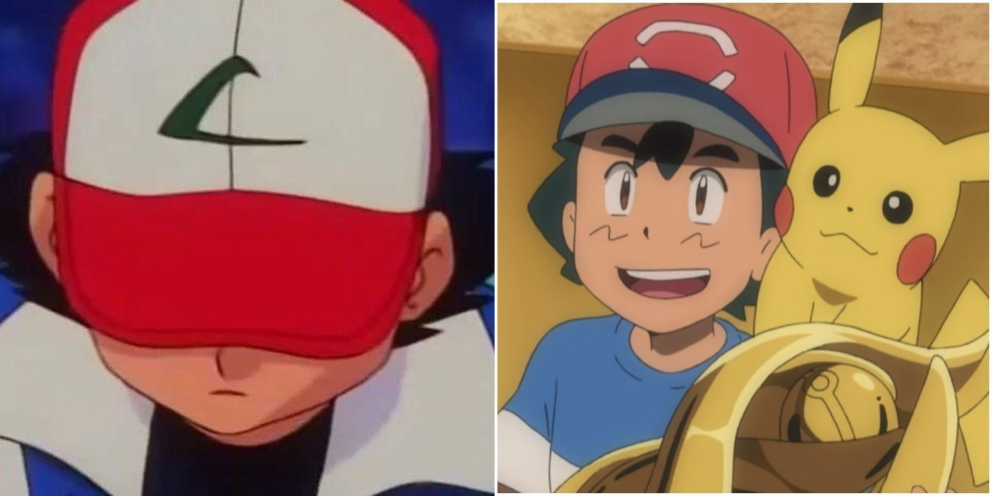 Split shot of Ash Ketchum from Pokemon after losing the Indigo League and winning the Alola League