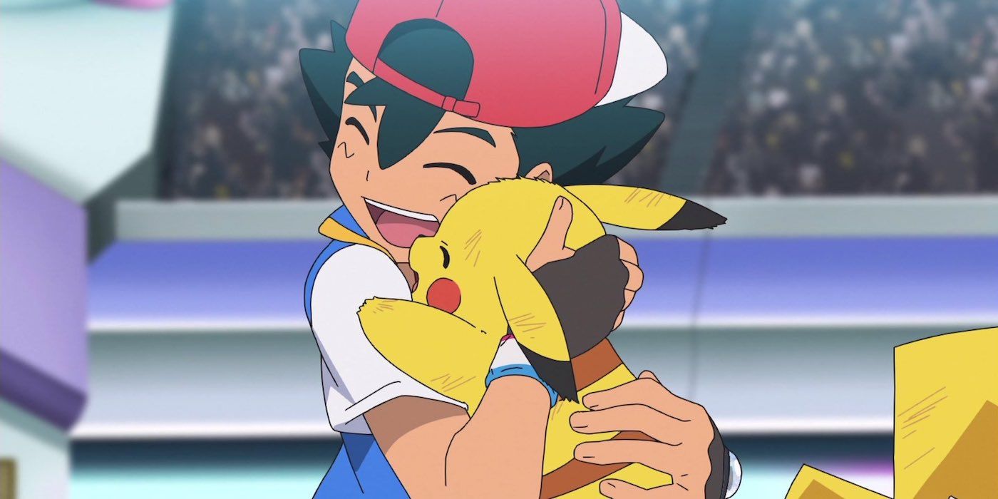 Ash and Pikachu celebrate their victory over Leon in Pokémon Journeys