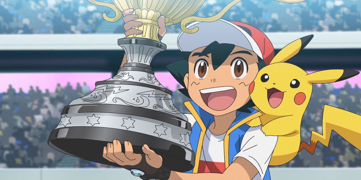 Ash and Pikachu accept the World Coronation Series trophy in Pokémon Journeys.